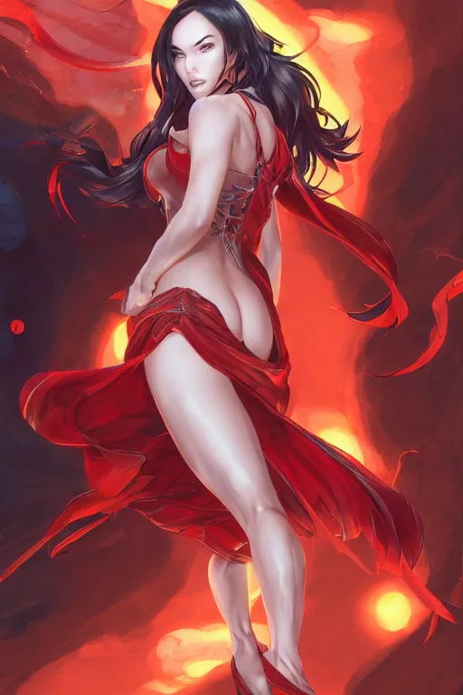 Prompt: Megan Fox in red back light using a pale blue summer dress in a blade and soul spinoff artbook rendered by the artist Taran Fiddler, Joe Madureira, Nadezhda Tikhomirova, Jiyun Chae, Lê Long, trending on Artstation by Hyung Tae Kim, artbook, Stanley Artgerm Lau, WLOP, Rossdraws , James Gurney