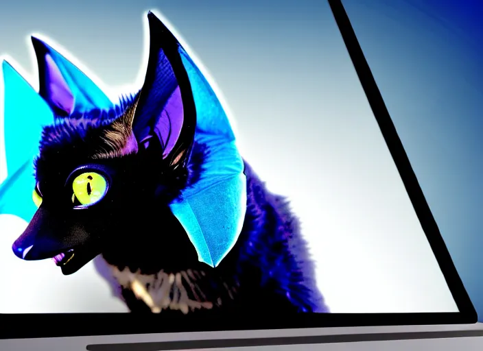 Image similar to a blue - and - black male catbat fursona with blue / green heterochromatic eyes ( differently - colored eyes, one eye green, one eye blue ) and huge bat ears, photo of the catbat streaming on his computer