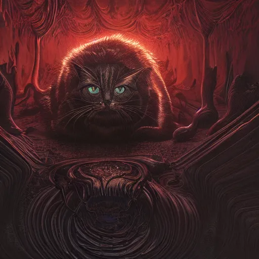 Prompt: photorealistic demonic eldritch cat in the style of michael whelan and gustave dore. hyperdetailed photorealism by greg rutkowski. 1 0 8 megapixels, 3 d finalrender, cinematic lighting