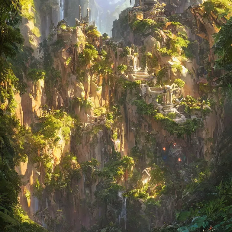 Image similar to vertical overwatch headquarters carved inside a mountain surrounding a lush garden, trimmed, magical, natural light, fantasy, sharp focus, concept art, by greg rutkowski and craig mullins, cozy atmospheric