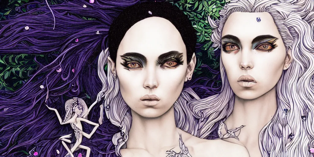 Image similar to the non-binary deity of Spring, she resembles a mix of Grimes, Aurora Aksnes, and Zoë Kravitz, in a style blend of Botticelli and Æon Flux, stunningly detailed artwork