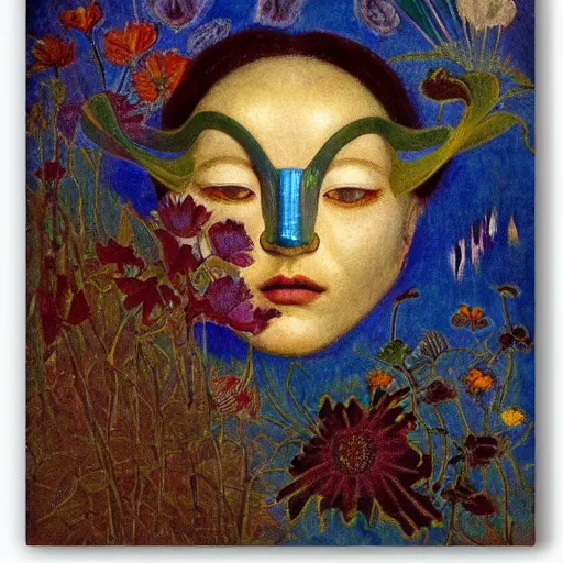 Prompt: a masterpiece painting of a facemask made of stylized flowers, by annie swynnerton and jean delville and tino rodriguez, flower mask, art deco shaman, art brut, symbolist, dramatic cinematic lighting, god rays, iridescent beetles, clean crisp graphics, smooth sharp focus, extremely detailed