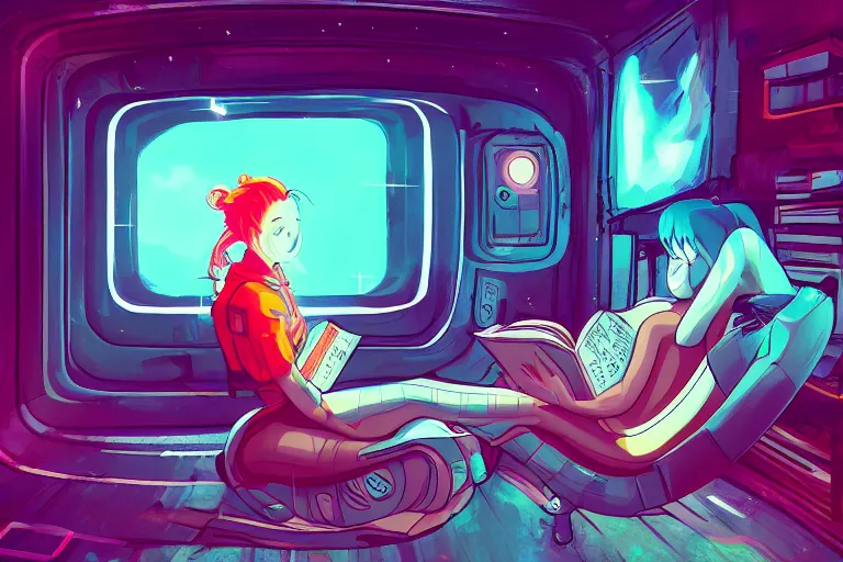 Image similar to a beautiful girl reading a book in space, lofi, anime, digital art, neon, synthwave,