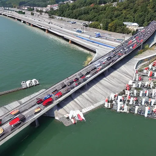 Image similar to drone image of bumper-to-bumper traffic on Tuzla Island Crimea Bridge