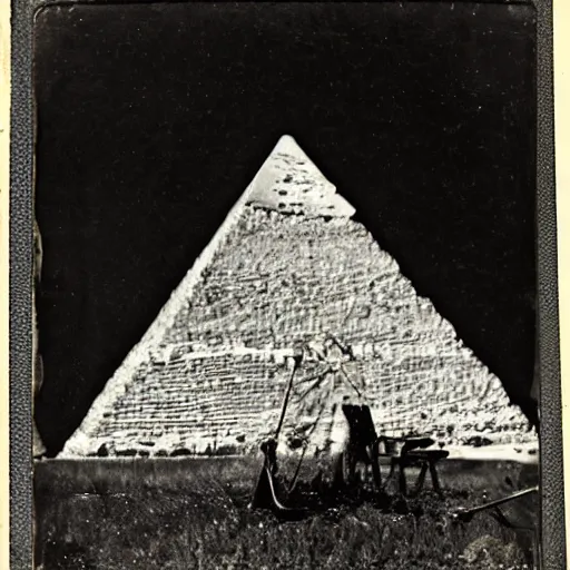 Prompt: tintype photo, ufo crashing into a pyramid