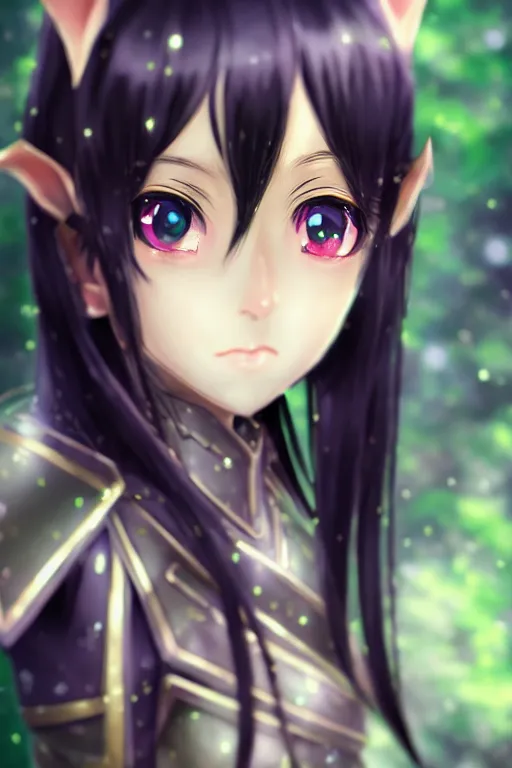 Image similar to adorable young cute anime elf girl, long black hair, fantasy armor, symmetrical face. symmetrical detailed defined eyes. beautiful lineart. bokeh pixiv # 1 ranking depth focus, chromatic aberration, noise, soft lighting, srgb, 4 k, cinematic