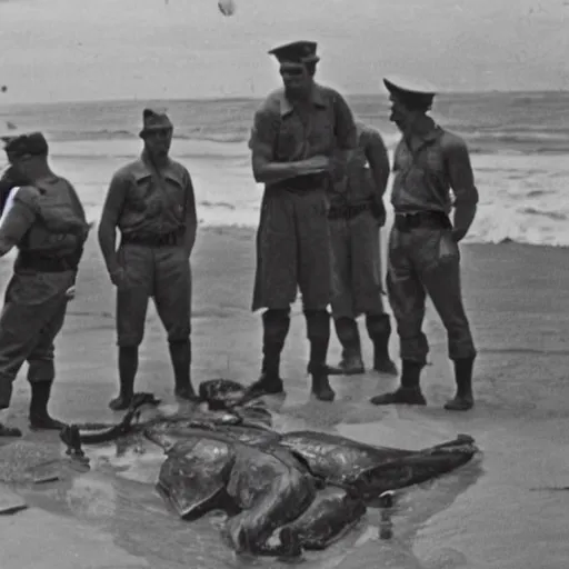 Image similar to 1940s photo, long shot, 5 soldiers looking at a huge creature washed up on a beach