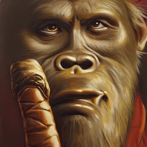 Prompt: bigfoot smoking a cigar, royal portrait, highly detailed, oil painting,
