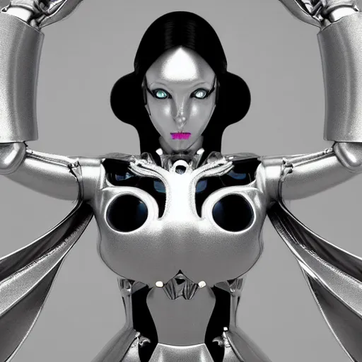 Image similar to symmetrical feminine cyborg goddess rendered in Cinema 4D and Octane and Unreal Engine 5, illustrious silver cybernetic body and ornate futuristic outfit, glowing white neon eyes, platinum and obsidian flowing long hair, art by Artgerm, Beeple and Alphonse Mucha, hyperrealism, full body photogenic shot, digital render, cinematic lighting ornate earrings, 8k resolution, masterpiece work