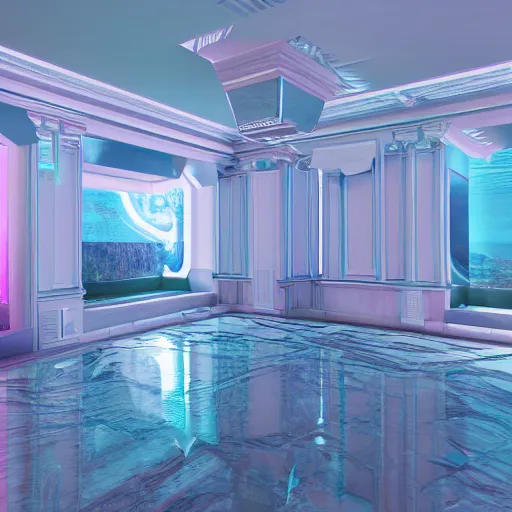 Prompt: interior of a vaporwave mansion high detail 3D rendered render in unreal engine 8K god rays volumetric lighting trending on art station