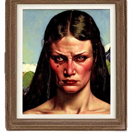Prompt: frontal portrait of muscular roaring female warrior, by Norman Rockwell and Gerald Brom