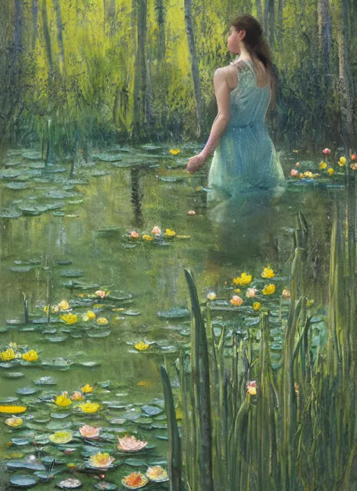 Prompt: full body portrait of a beautiful woman wading knee height in a shallow pond, obscured by water lilies, aspen grove in the background, by Jeremy Mann, stylized, detailed, loose brush strokes, pastel colors, green and yellow tones