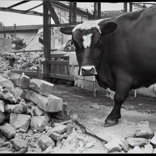 Image similar to ww 2 photograph of a buff cow staring at the camera, building rubble