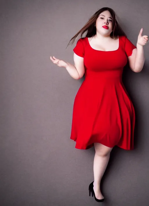 Prompt: photo europian beautiful fat women with simmetrical cute face dressed in a red dress dansing, anatomically correct, full shot, kodak