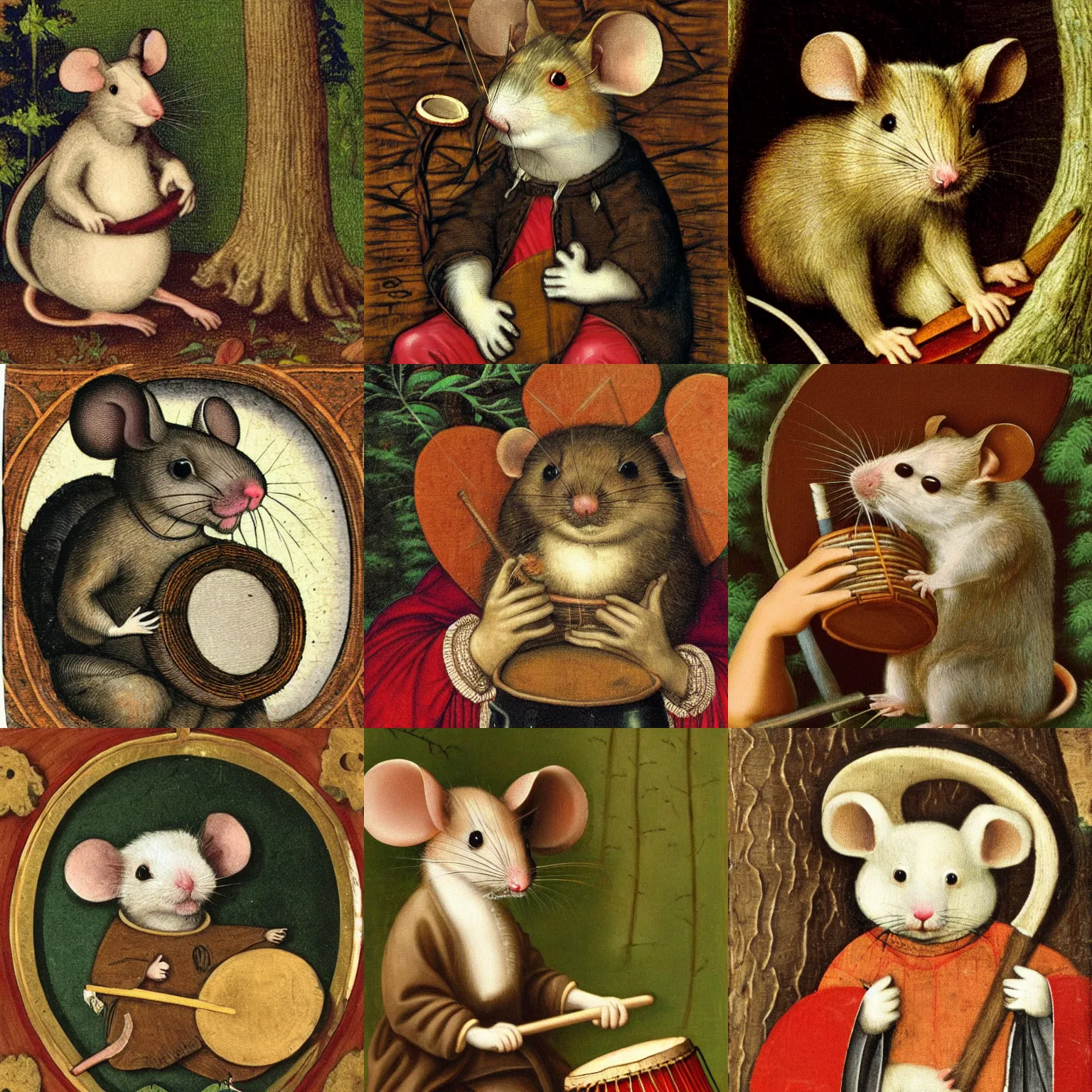 Prompt: mouse holding a drum, sitting in the forrest, medieval portrait, close up