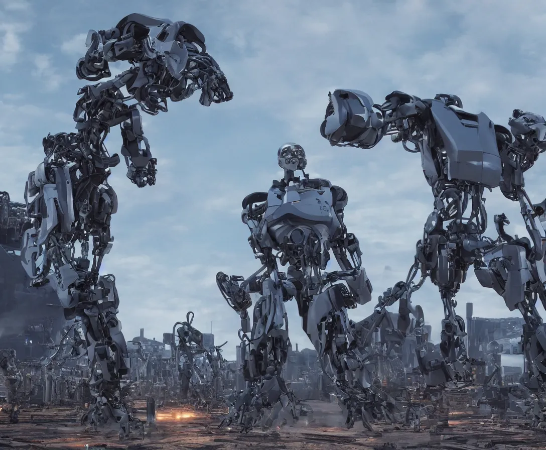 Image similar to terminator robots of last generation made by skynet looking at enormous supercomputer ai complex, dark blue sky, sunset, first stars are starting to shine, cgi, unreal engine, photorealistic