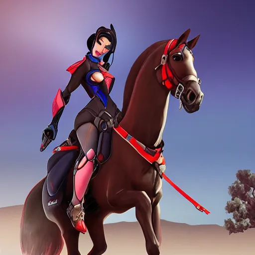 Image similar to widowmaker overwatch in the desert riding on a horse, black and red jacket, collar around neck, very detailed face, feminine face, full body