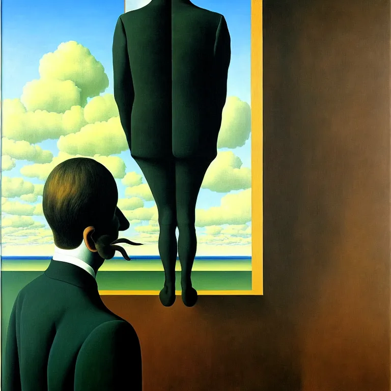 Image similar to a man looks into his own painting and sees nothing, by rene magritte and salvador dali, surreal, oil on canvas, hyper detailed