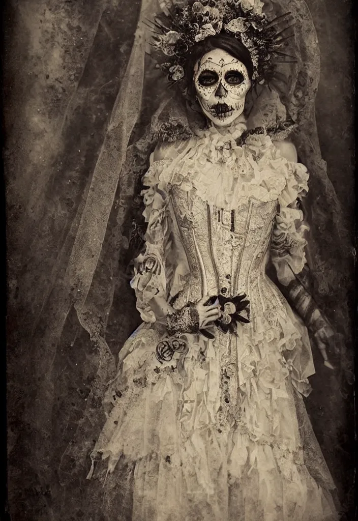 Prompt: tintype full body view, woman religous veil, dia de muertos dress and make up, corset garters and stockings, horrific beautiful vibe, evocative, atmospheric lighting, painted, intricate, highly detailed,