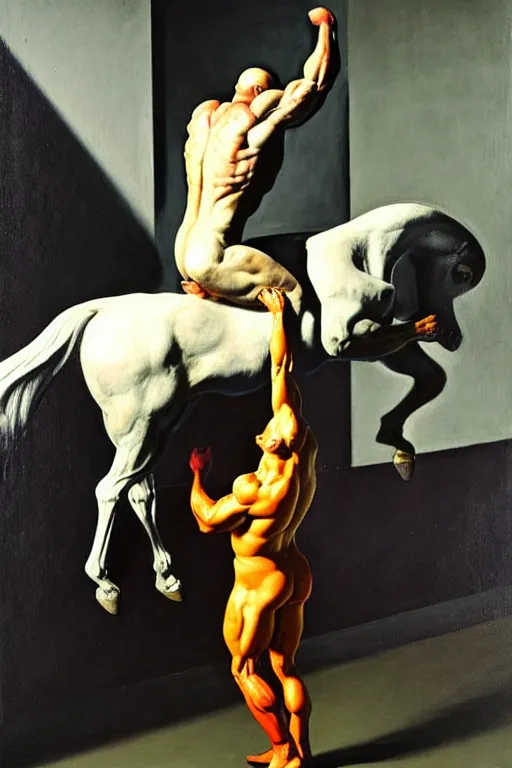 Image similar to astronaut bodybuilder lifts horse statue, highly detailed painting by francis bacon, edward hopper, adrian ghenie, gerhard richter, and james jean soft light 4 k,
