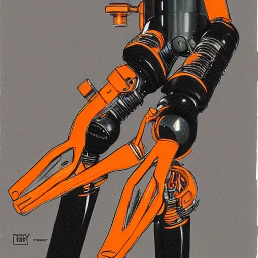 Prompt: mechanic with robot legs. orange and black color scheme. concept art by james gurney and mœbius.