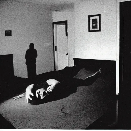 Prompt: a shadow figure standing over the body of a man in a motel room shot on a disposable camera 1 9 7 8 for'real ghost stories magazine ;