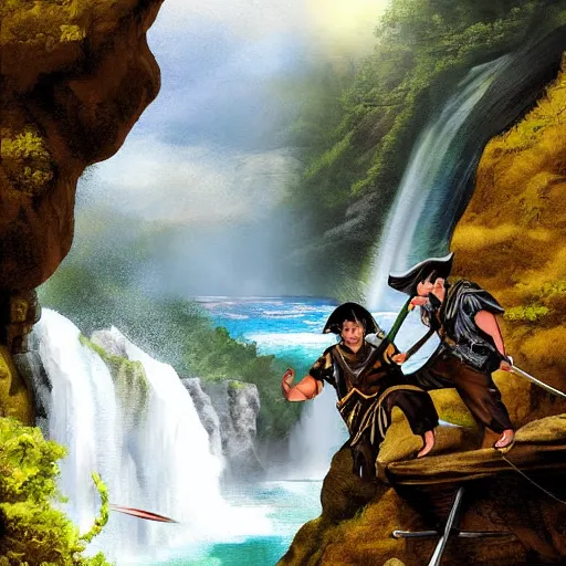 Prompt: two pirates having a sword duel on top of a rope bridge in front of a large waterfall, digital art