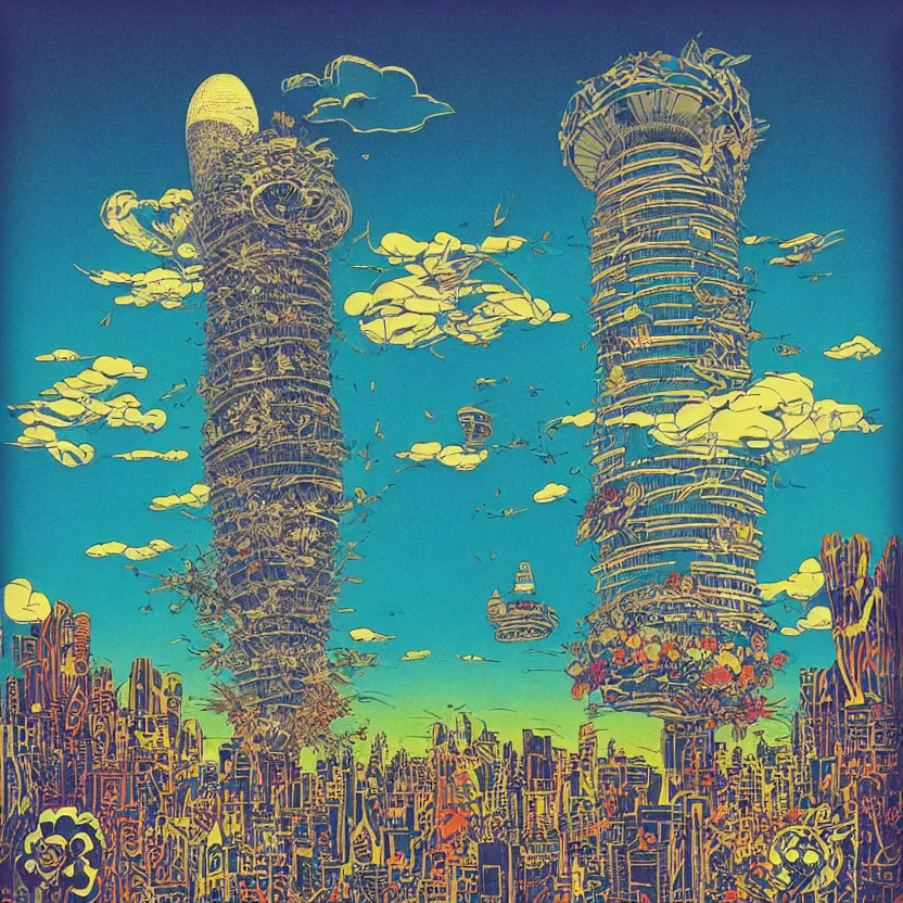 Image similar to surreal glimpse into other universe, mahanakorn tower with airship floating n the sky, summer morning, very coherent and colorful high contrast, art by!!!! joan miroi!!!!, geof darrow, floralpunk screen printing woodblock, dark shadows, hard lighting, stipple brush technique,