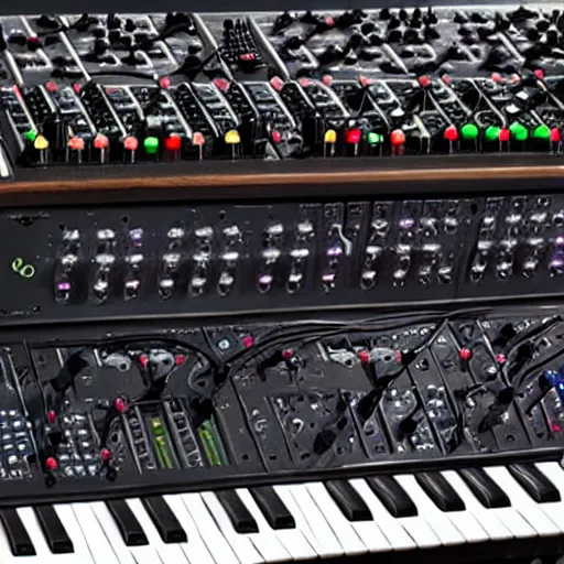 Image similar to moog system 100 modular synth covered in octopus tentacles