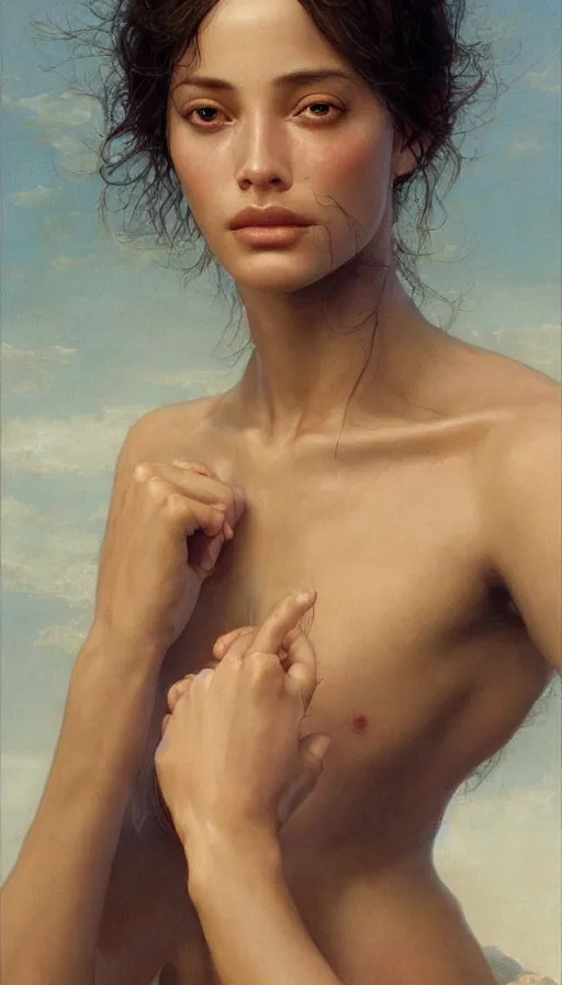 Image similar to epic masterpiece young emanuelle beart sweaty skin, hyperrealistic, octane render, cinematic, beautiful face and flawless skin, perfect hands, 5 fingers, by edgar maxence and ross tran and michael whelan, legends of runeterra