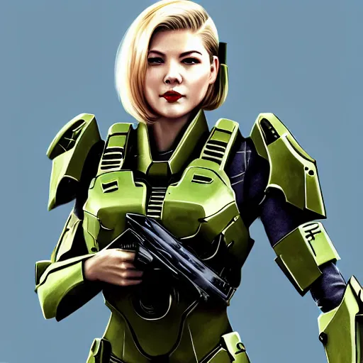 Image similar to A combination of Ada Wong's and Grace Kelly's and Katheryn Winnick's appearances with blonde hair wearing Master Chief's armor from Halo, high tech, action shot, angular, full body portrait, futuristic, dramatic, fantasy, intricate, elegant, highly detailed, digital painting, artstation, concept art, matte, sharp focus, illustration, 8K, art by Donato Giancola and James Gurney