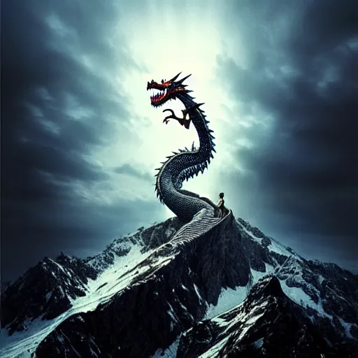 Prompt: giant dragon standing on a mountain, highly detailed, 4 k, hdr, award - winning, painting by gottfried helnwein