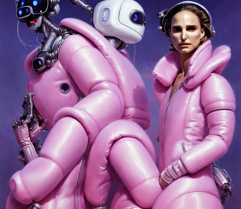 Prompt: beautiful fantasy character portrait, natalie portman, wearing pink puffy bomber jacket with white fur, robots, seductive reclining pose, futuristic chrome drones, ultra realistic, dramatic lighting, the fifth element artifacts, highly detailed by peter mohrbacher, hajime sorayama, wayne barlowe, boris vallejo, aaron horkey, gaston bussiere, craig mullins