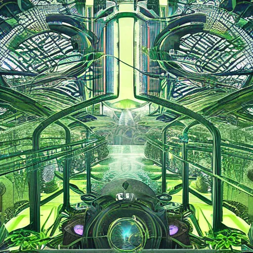 Prompt: a post - singularity solarpunk harmonic green lush overgrown utopia in which wired up the ai synthesizer on the center stage highest goal is to induce the utmost state of happiness to its people by creating and playing music, blissful, unreal, 4 k, hyperrealistic, refraction, bryce 3 d, architecture, by victor henrich, art nouveau