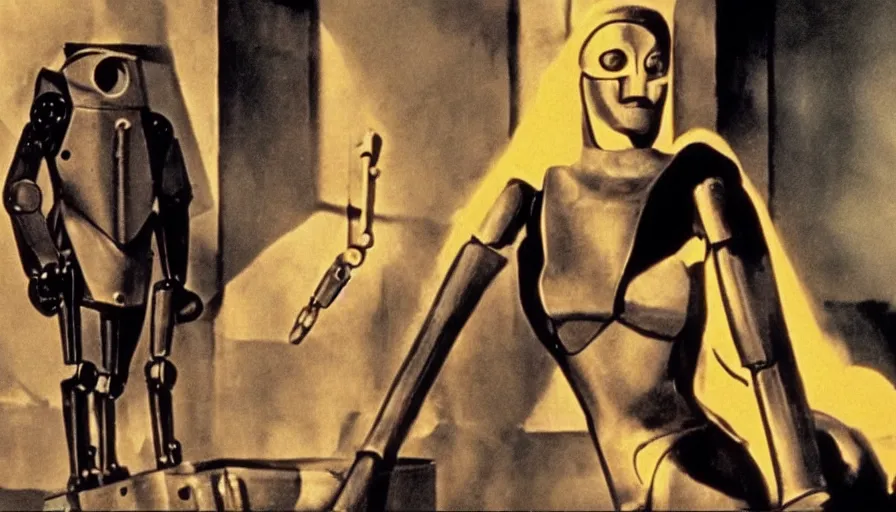 Image similar to colorized Fritz Lang movie about a beautiful robot woman