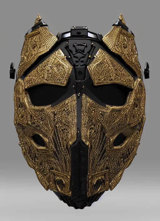 Prompt: armoured facemask, with intricate carving details in black and gold, ultra realistic, octane render, 8 k, hd, realistic lighting