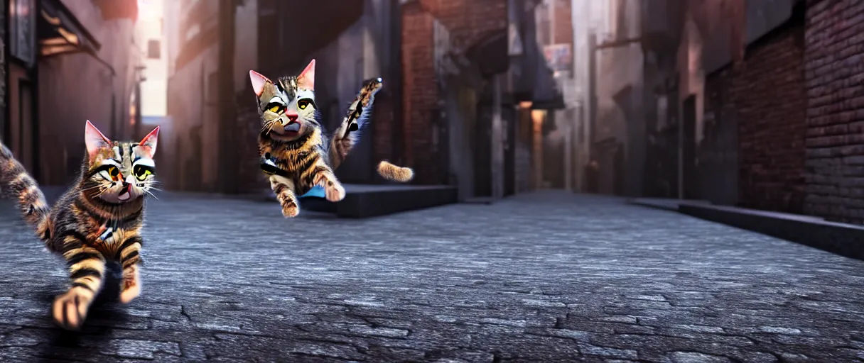 Image similar to hyperrealistic detailed 3d render of a cute tabby catman jumping on a dark city alley sharp cinematic lighting vray 8k low angle shallow depth of field