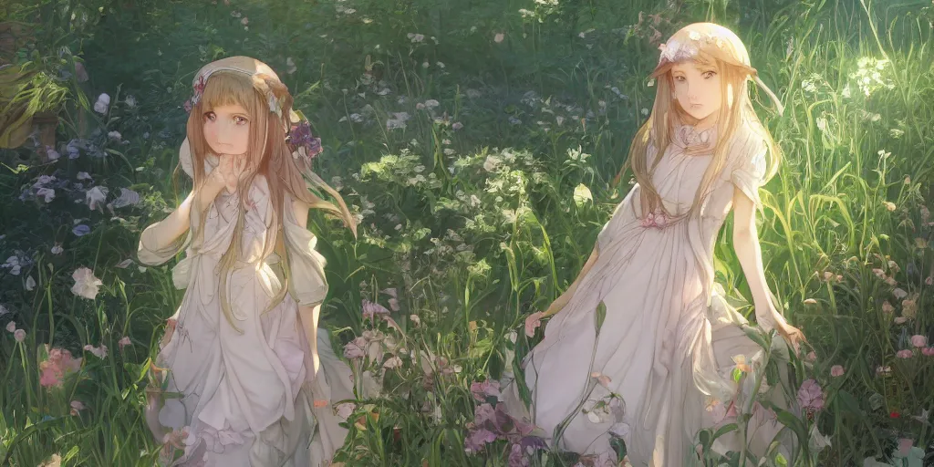 Image similar to a digital art of a loli with long hair in a dress in the privet garden at after noon, green and warm theme, by krenz cushart and mucha and akihito yoshida and greg rutkowski and makoto shinkai, long shot, back lighting, detailed eyes, 4 k resolution, trending on art station