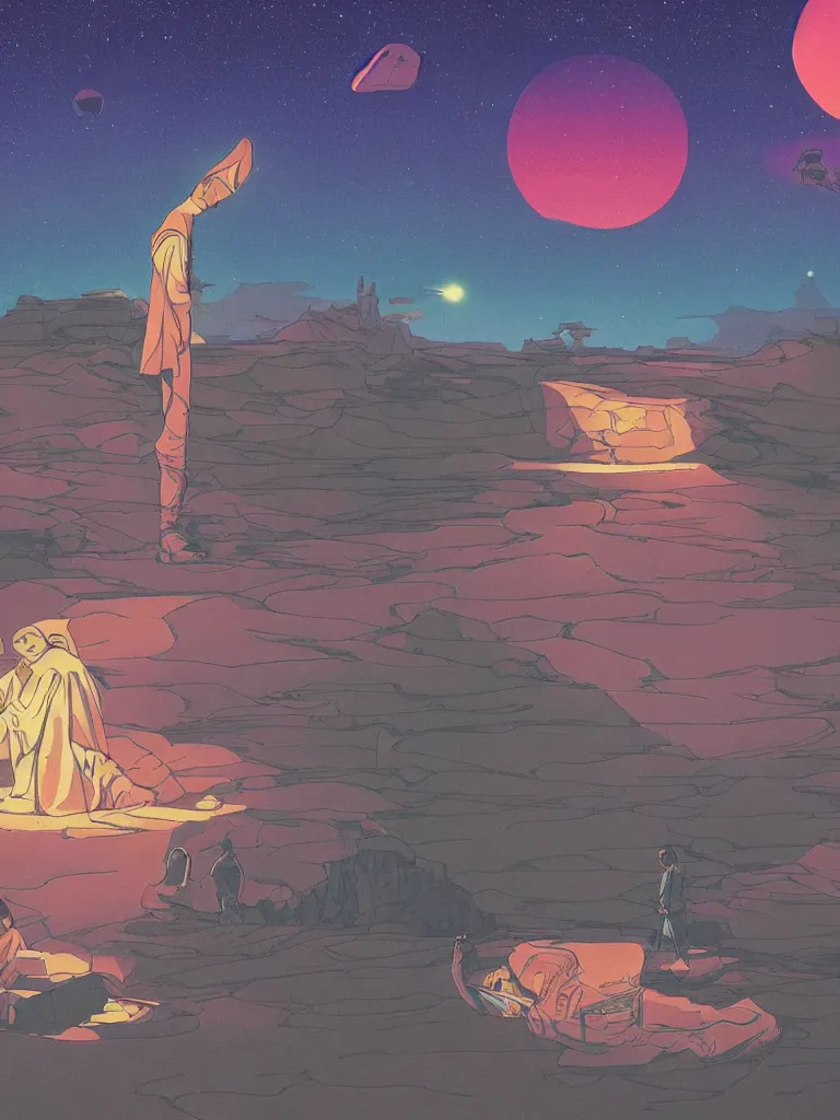 Prompt: a landscape of george harrison as a jedi, taking mind altering drugs, a blotter paper of lsd acid and dreaming psychedelic hallucinations in a vast star wars landscape, by kawase hasui, moebius, edward hopper, colorful flat surreal design, dramatic lighting, hd, 8 k, artstation