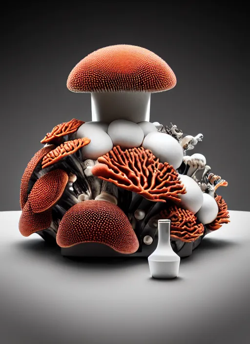 Image similar to perfume bottle surrounded sitting on a biomechanical black corals table made of corals, mushrooms, puffballs, rhizomorphs in an ivory room well contoured smooth fair walls, up close shot, sharp focus, global illumination, radiant light, alexandre ferra white mecha, irakli nadar, octane highly render, 4 k, ultra hd,