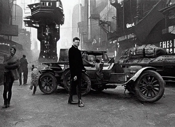 Image similar to scene from the 1912 science fiction film Blade Runner with the main character standing next to a vehicle