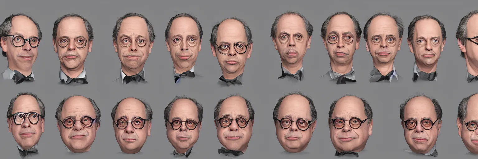 Image similar to character study of todd solondz and steve buscemi and danny devito, 2 0 2 2, clear faces, emotional, character sheet, fine details, concept design, contrast, kim jung gi, pixar and da vinci, trending on artstation, 8 k, full body and head, turnaround, front view, back view, ultra wide angle