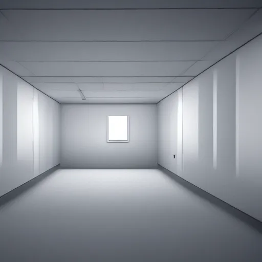 Image similar to inside an empty large white room, no windows, confined space, only walls, 3 d perspective, no distortion, virtual reality