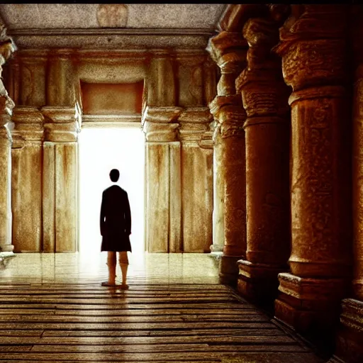 Image similar to a lone traveler exploring giant temples with large doors, mysterious statues, fantasy art