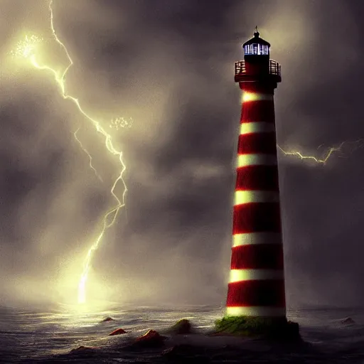 Prompt: beautiful digital painting about a scary light house glowing in the dark of a stormy night, trending on artstation, gloomy, moody, highly detailed