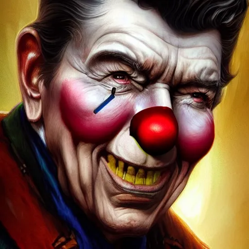 Prompt: Ronald Reagan in clown makeup, closeup, D&D, fantasy, intricate, elegant, highly detailed, digital painting, artstation, concept art, matte, sharp focus, illustration, hearthstone, art by Artgerm and Greg Rutkowski and Alphonse Mucha