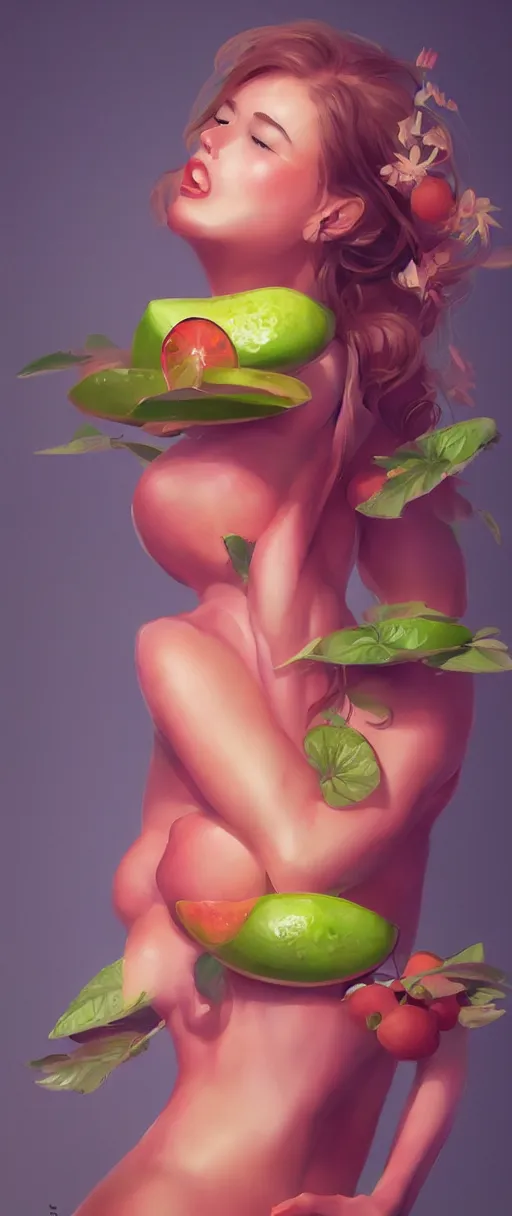 Image similar to 🍉🍒🥝🥬🥒🍑, joyful vibe and lighting, cgsociety, artstation, in the style of artgerm