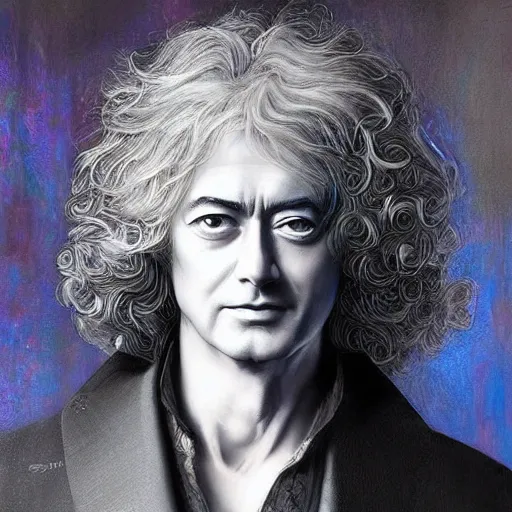 Image similar to amazing artgerm portrait of jimmy page in his 5 0 s as a preraphaelite painting, collaboration with j. scott campbell and artgerm with edward burn jones