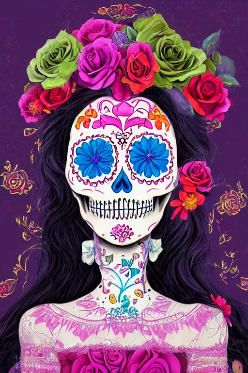 Image similar to illustration of a sugar skull day of the dead girl, art by lixin yin