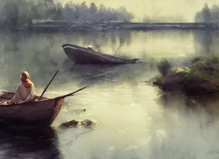 Image similar to watercolor of calm river with wooden boat, stone bridge, art by anders zorn, wonderful masterpiece by greg rutkowski, beautiful cinematic light, american romanticism by greg manchess, creation by tyler edlin